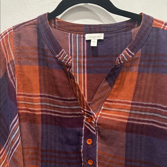 Garnet Hill Warm fall Plaid 100% organic Cotton Top blouse 3/4 sleeve size 8 - Picture 4 of 8